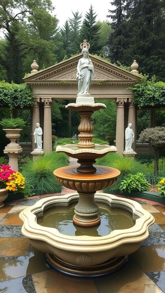 A Grecian style fountain with a statue, surrounded by greenery and colorful flowers.