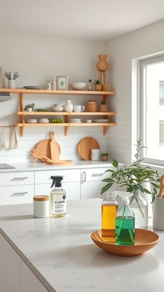 A modern kitchen with eco-friendly cleaning products on the counter, featuring vibrant bottles and natural decor.
