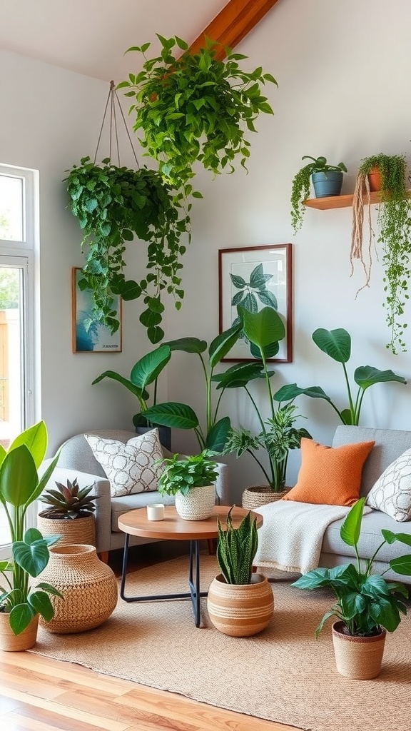 Cozy living room with various indoor plants, a gray sofa, and a wooden coffee table.