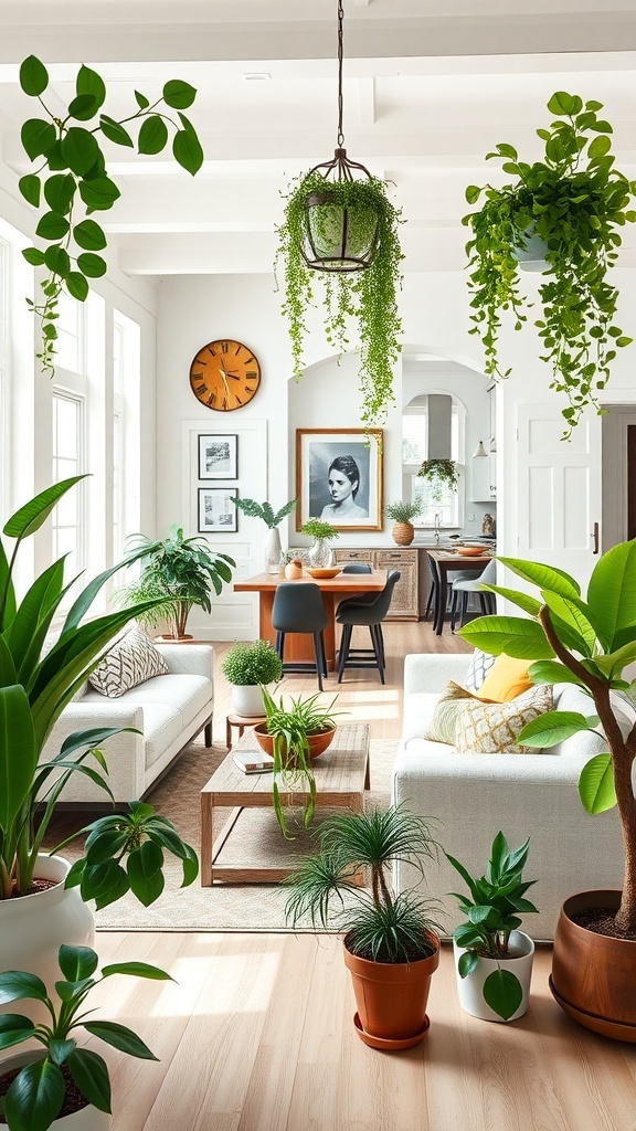 A cozy living room filled with various indoor plants, showcasing a farmhouse chic style.