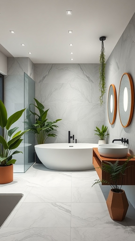 A modern bathroom featuring a sleek bathtub, wooden vanity, and various plants for a fresh, natural look.