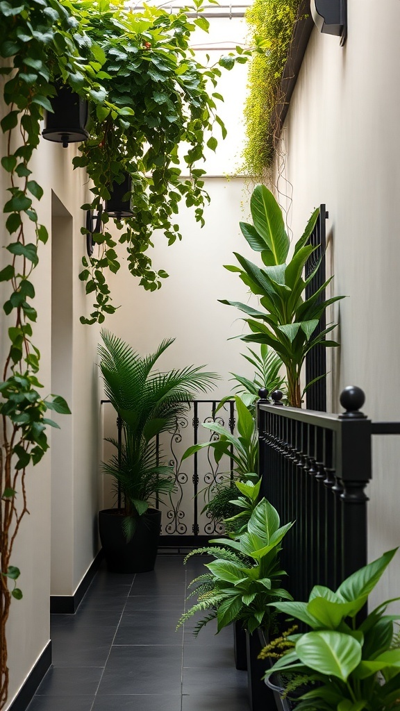 A lively corridor filled with various plants and a black bannister