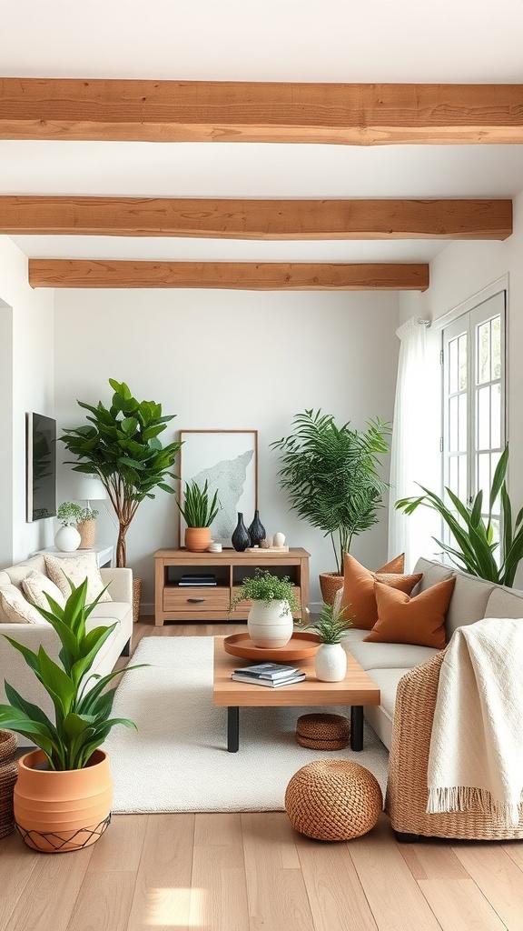A minimalist rustic living room featuring various plants and greenery, wooden beams, and cozy decor.