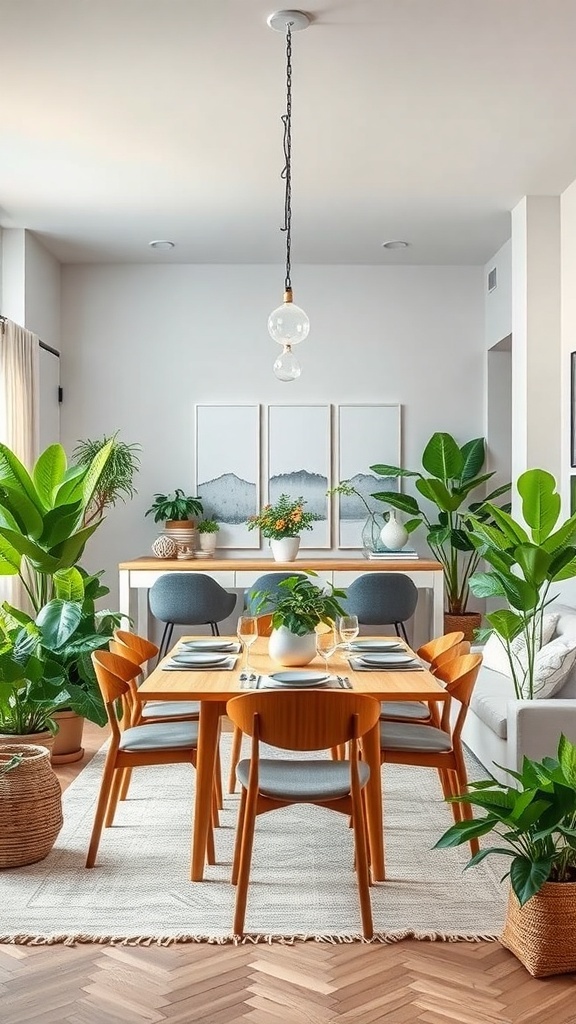 A cozy dining area with a wooden table, stylish chairs, and various plants creating a fresh atmosphere.