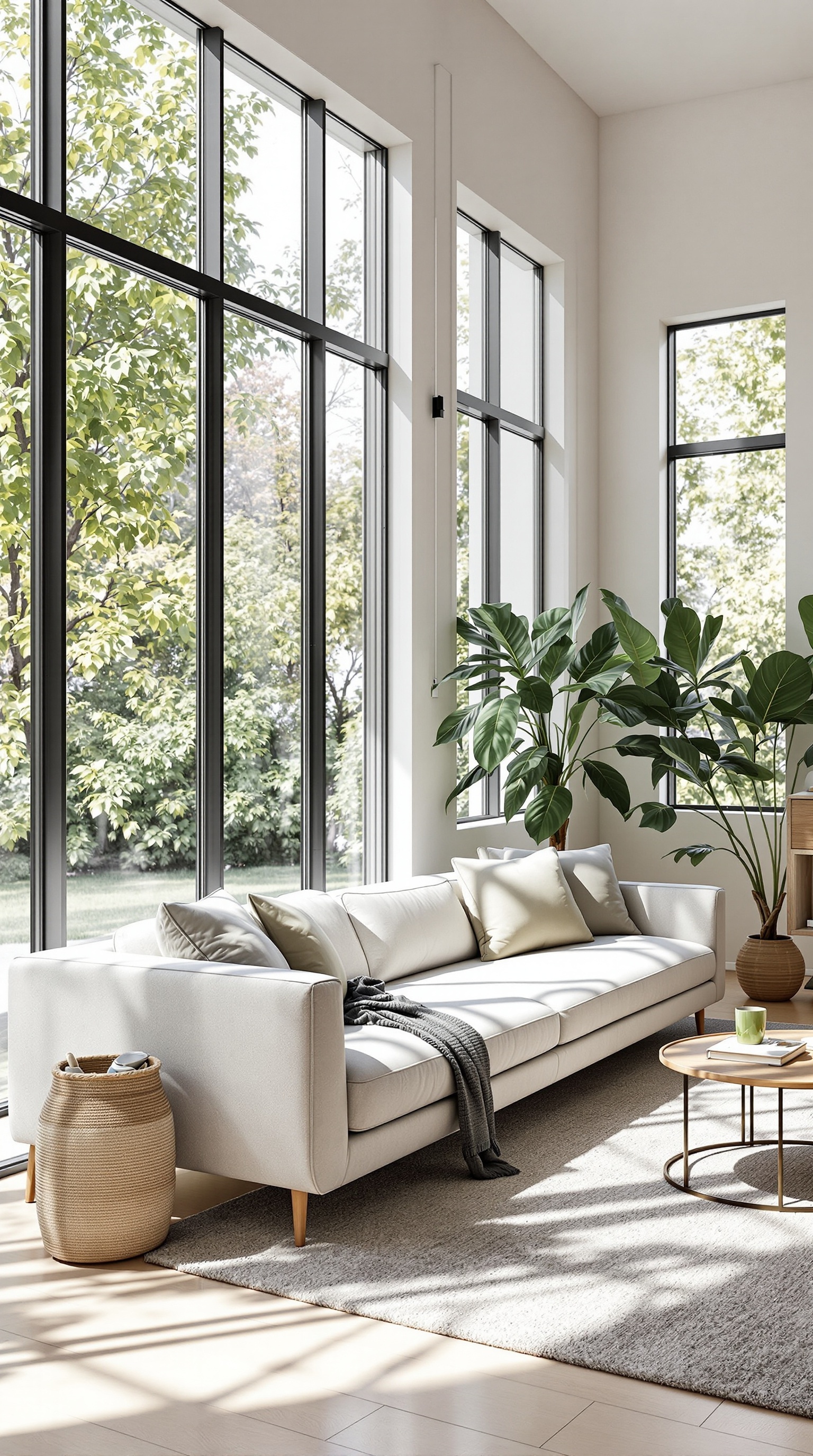 Bright living room featuring a grey sofa, large windows, and natural decor.