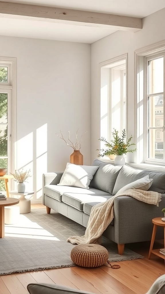 A bright living room featuring a grey sofa, large windows, wooden elements, and minimal decor.