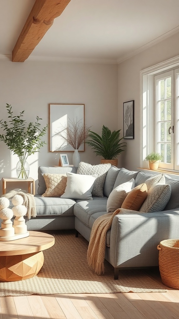 A cozy living room featuring a grey sectional sofa, warm wood tones, and plants.