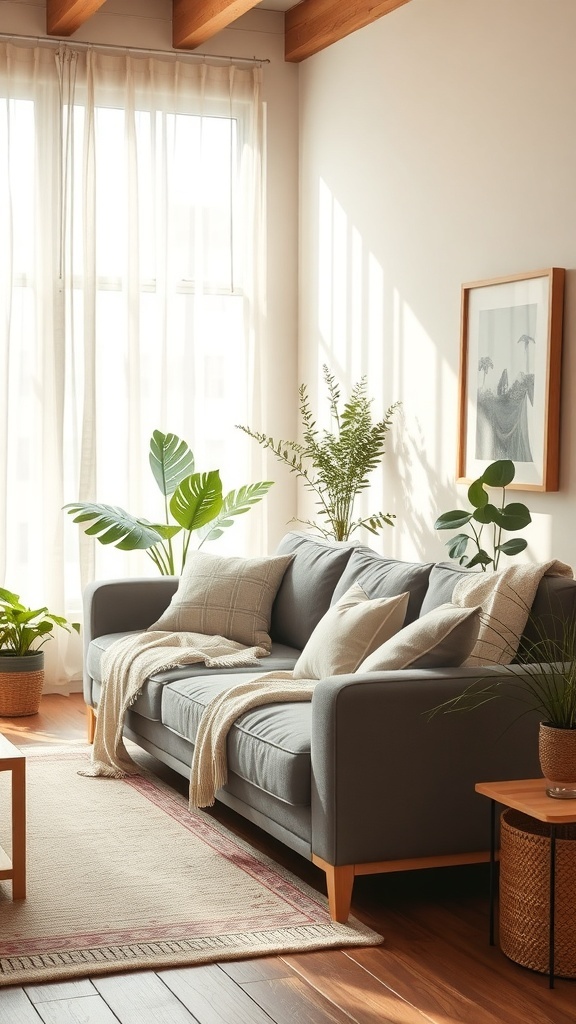 A cozy grey sofa with pillows and a throw, surrounded by green plants and natural light.