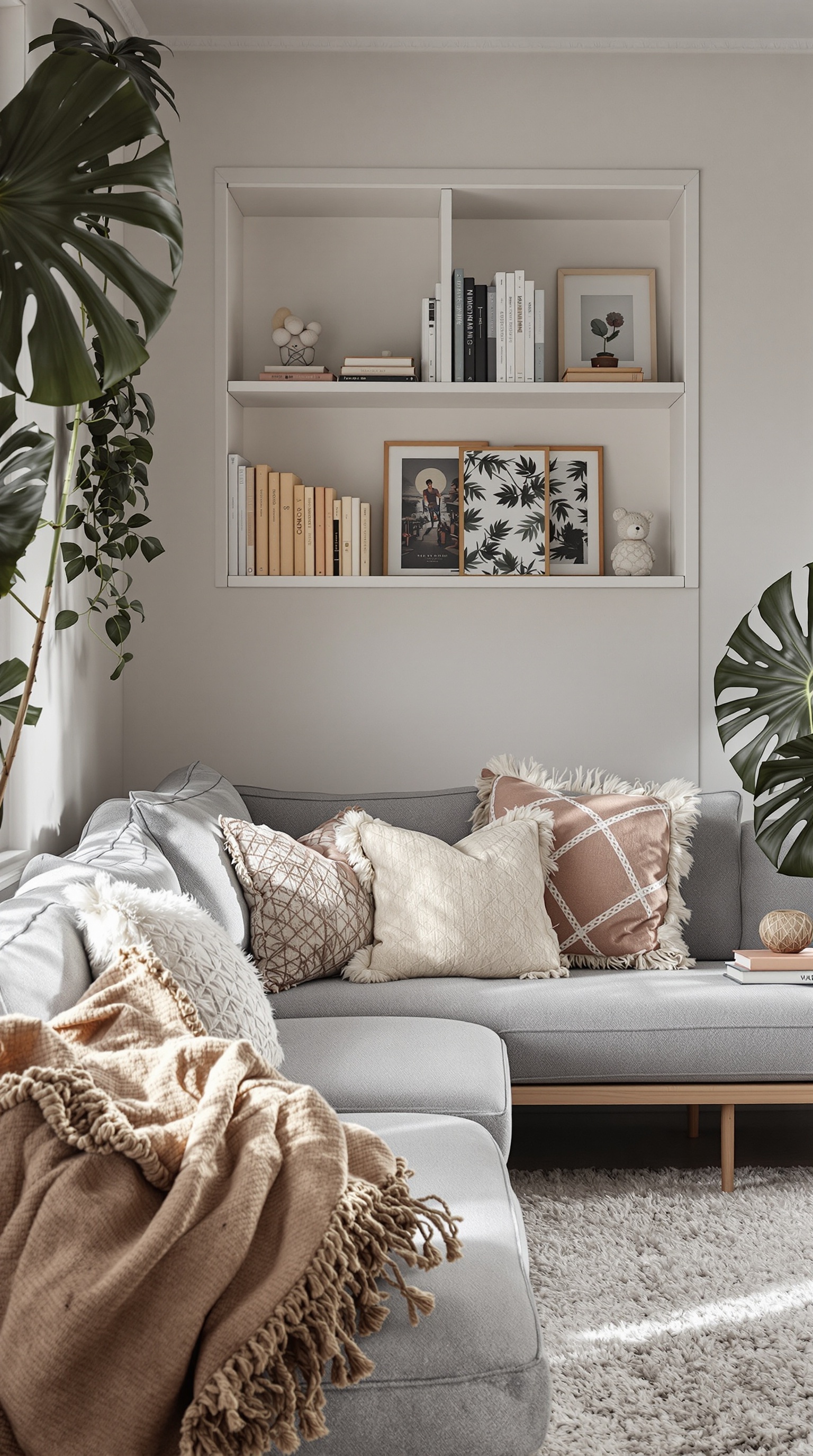 A cozy living room featuring a grey sofa, large windows, plants, and a reading nook.