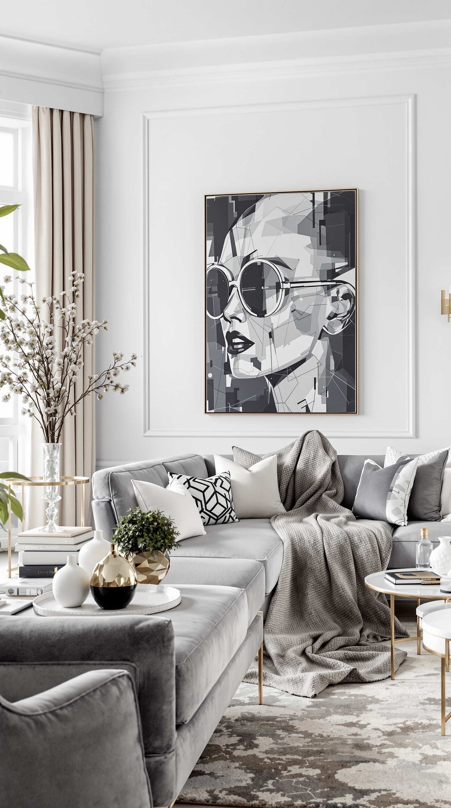 A stylish living room featuring a grey sofa, light curtains, and elegant decor.