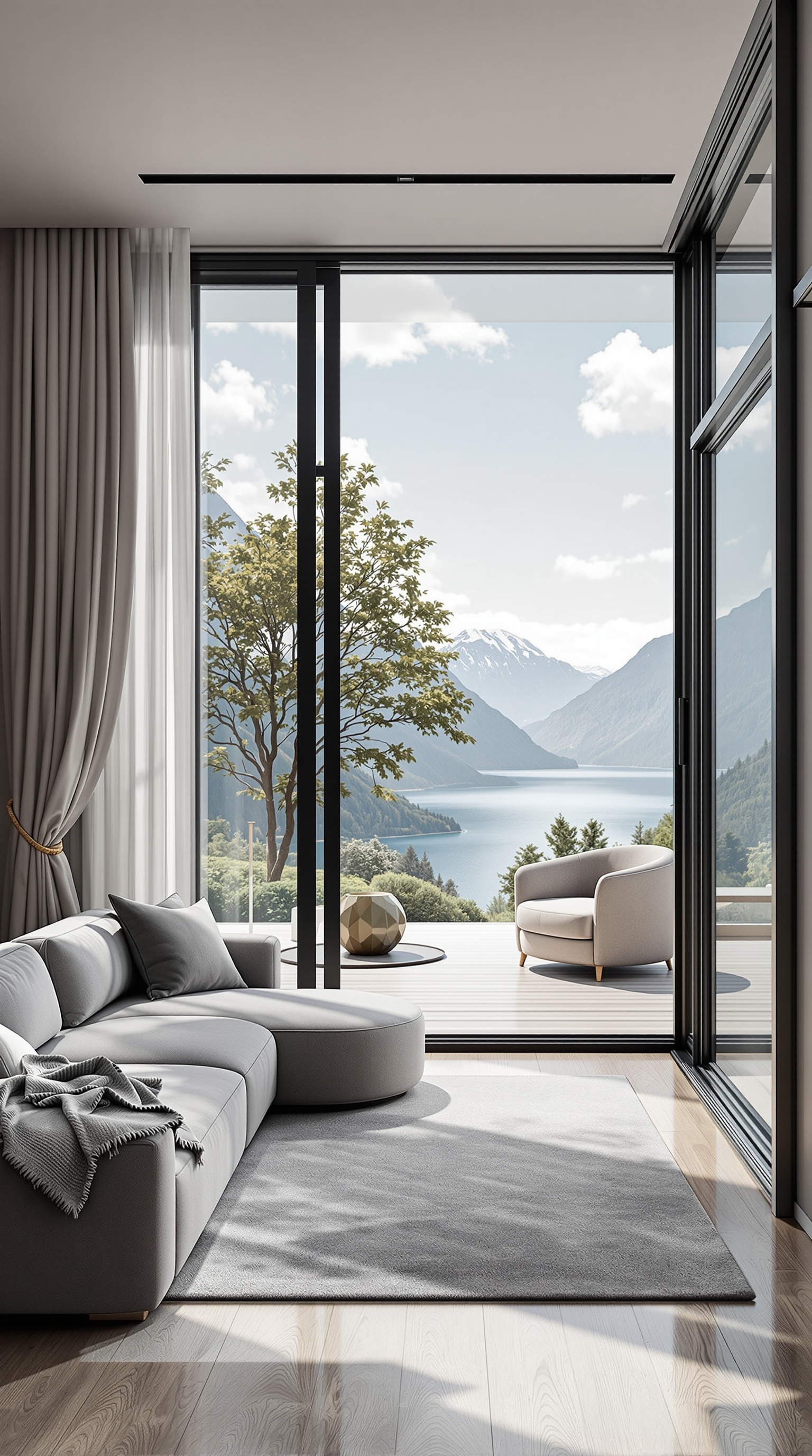A cozy living room featuring a grey sofa, large windows with a view, and a minimalist coffee table.