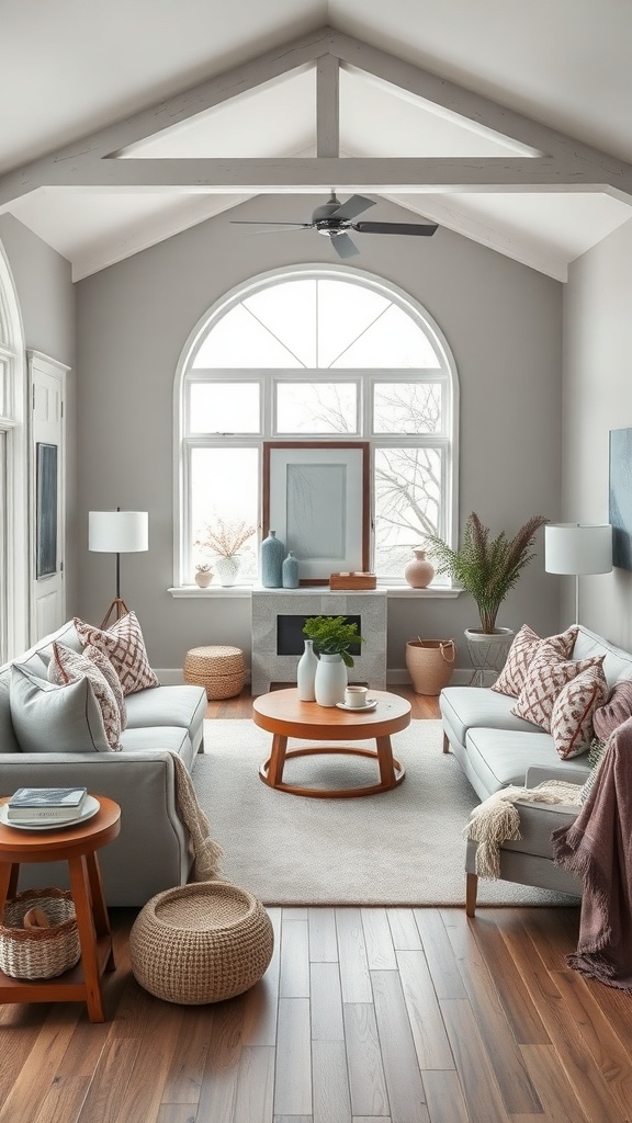 A modern living room featuring grey walls, light sofas, wooden flooring, and natural decor elements.