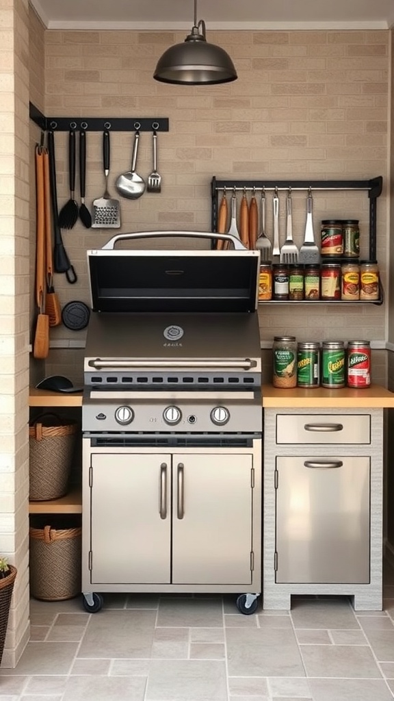 A modern outdoor grill station with organized utensils, storage cabinets, and a pendant light.
