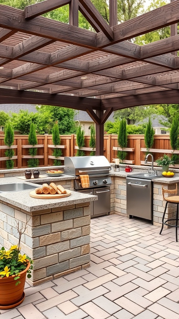 Outdoor grill island with ample counter space and a sink, surrounded by greenery.
