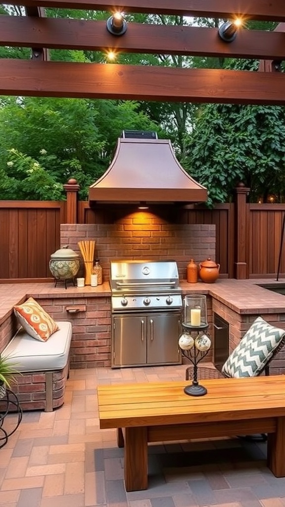 Outdoor grill with built-in seating area, featuring a modern grill, cozy cushions, and decorative elements.