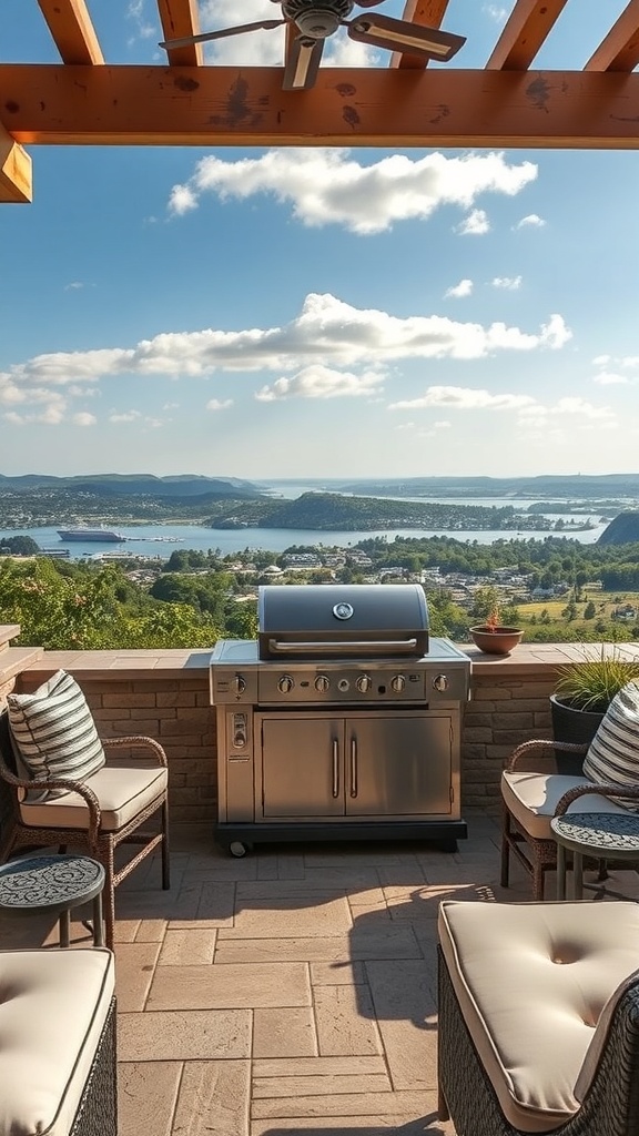 Outdoor grill setup with a scenic view of hills and water