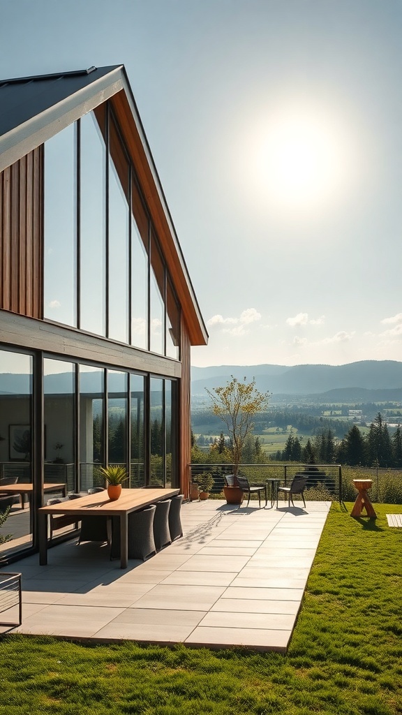 Moderne Bauernhaus mit großen Fensterfronten und Blick auf die Landschaft