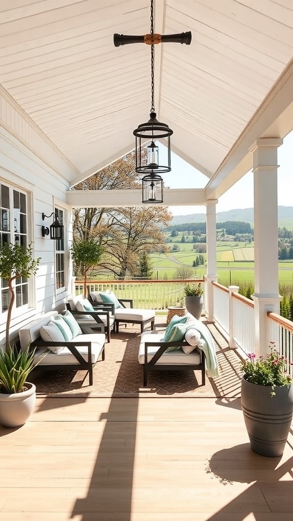 Großzügige Veranda mit modernen Möbeln und Blick auf die Natur