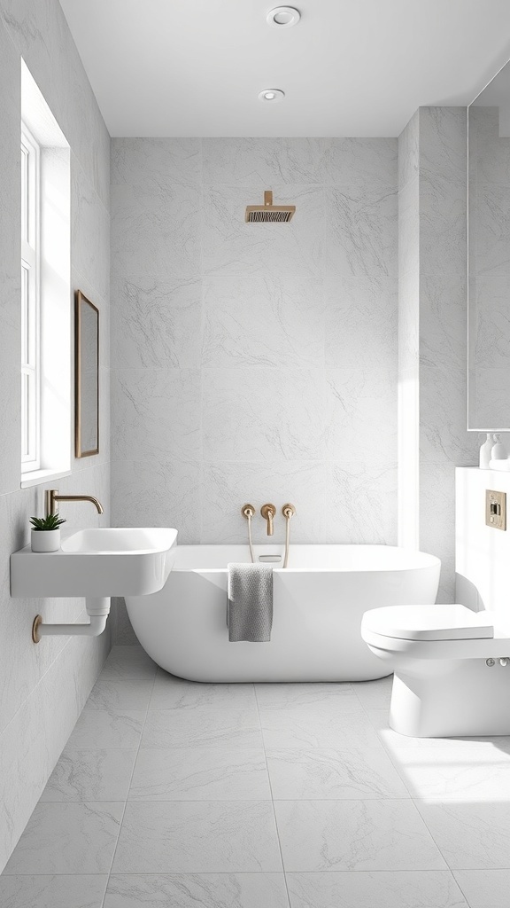 A modern bathroom with grout-free tiles, featuring a white bathtub, sink, and natural light.