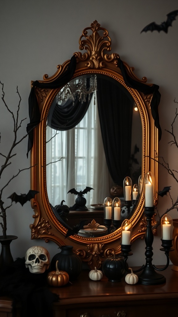 Ein eleganter goldener Spiegel mit Halloween-Dekoration, einschließlich Kerzen, Kürbissen und Fledermäusen.