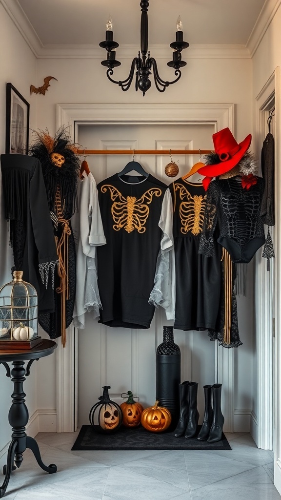 Stilvolle Halloween Kostüme hängen an einer Stange, umgeben von Kürbissen und Dekorationen