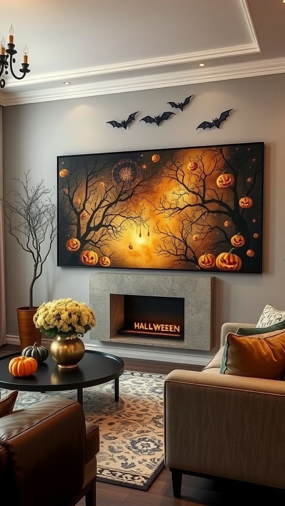 Ein stilvolles Halloween Kunstwerk mit Kürbissen und Bäumen, dekoriert mit Fledermäusen und herbstlichen Elementen.