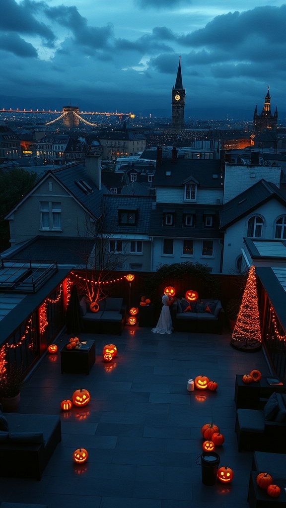 Eine Dachterrasse dekoriert für Halloween mit leuchtenden Kürbissen und Lichtern.