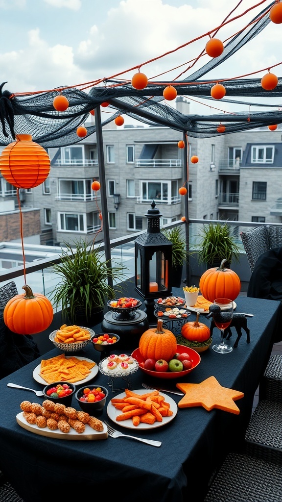 Ein festlich dekorierter Tisch auf einer Dachterrasse mit verschiedenen Halloween-Snacks und Kürbissen.