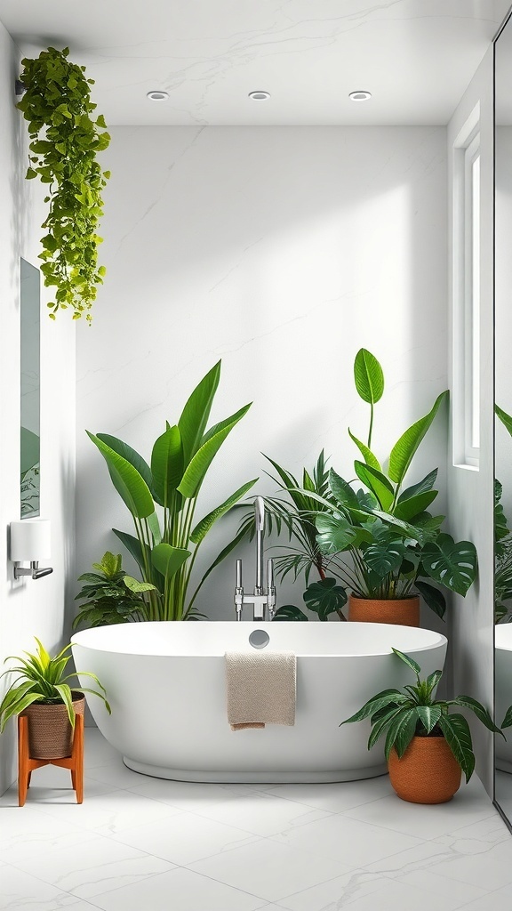Luxuriöses Badezimmer mit grünen Pflanzen und einer weißen Badewanne