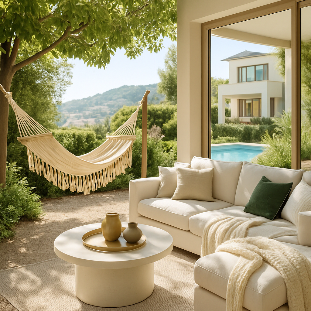Gemütliche Hängematte in einem stilvollen Garten mit Lounge-Möbeln und Pool im Hintergrund.