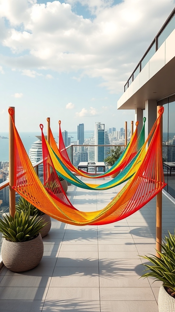 Bunte Hängematten auf einer modernen Dachterrasse mit Blick auf die Stadt