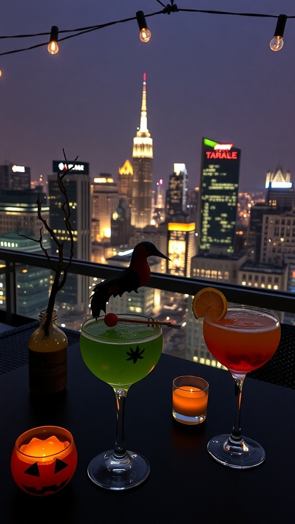 Zwei Halloween-Cocktails auf einer Dachterrasse mit Blick auf die Stadt bei Nacht
