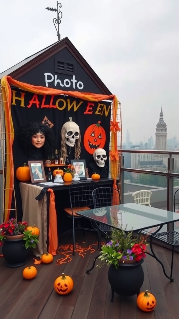 Halloween-Fotowand mit Skelette, Puppe und Kürbisse auf einer Dachterrasse