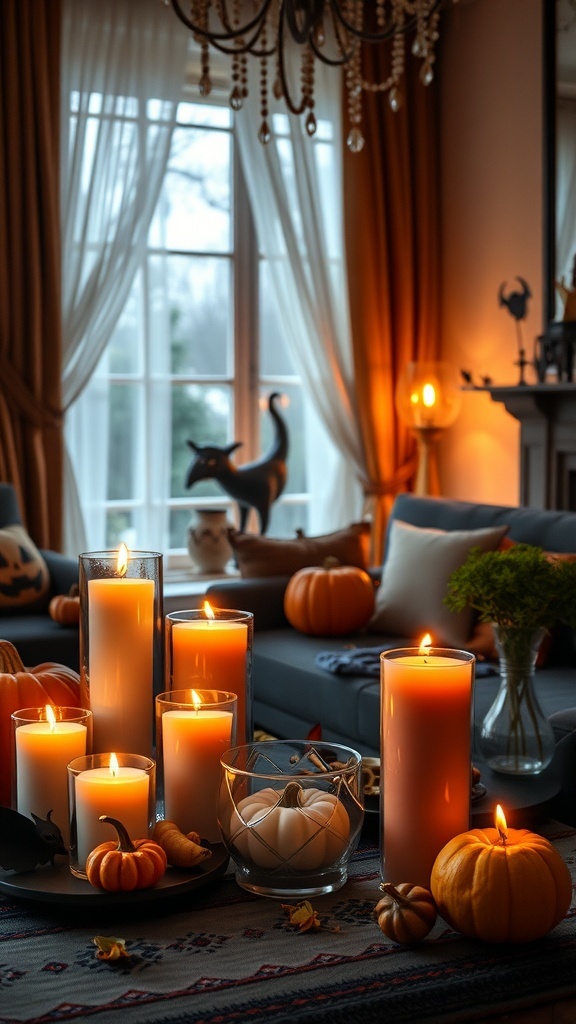 Ein gemütliches Wohnzimmer mit Duftkerzen und Kürbissen für Halloween