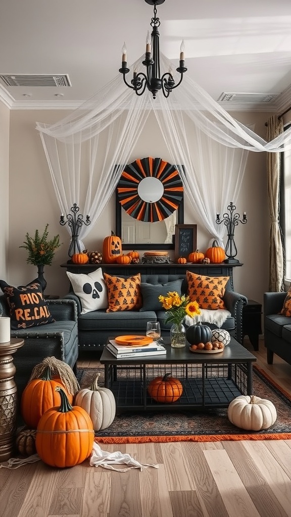 A cozy living room decorated for Halloween with pumpkins, black and orange accents, and spooky decor.