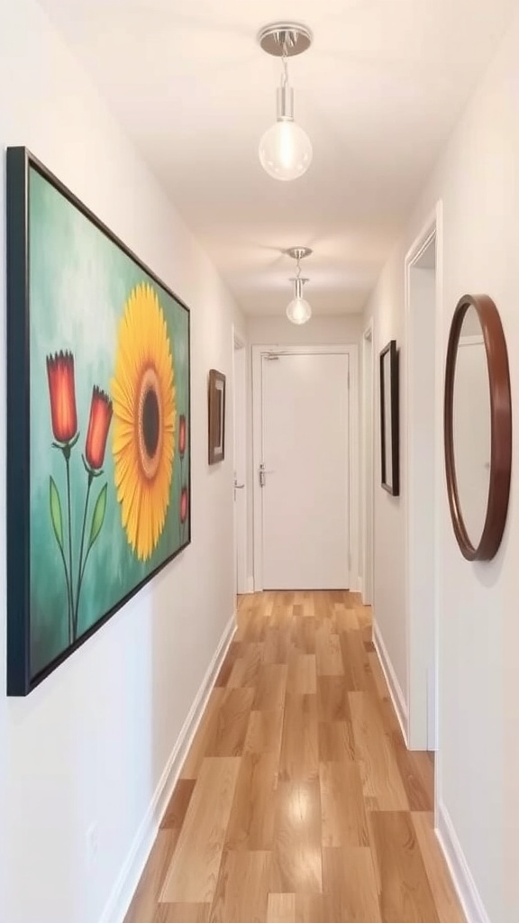 Before and after hallway makeover showcasing creative wall art and improved lighting.