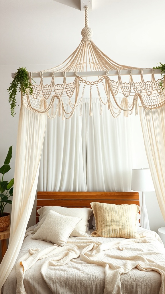 Hammock-style canopy above a bed with macrame design and soft drapes