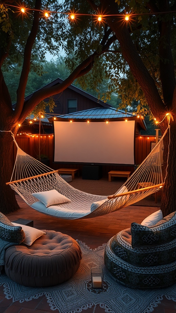 A cozy outdoor cinema setup featuring a hammock, string lights, and a movie screen.