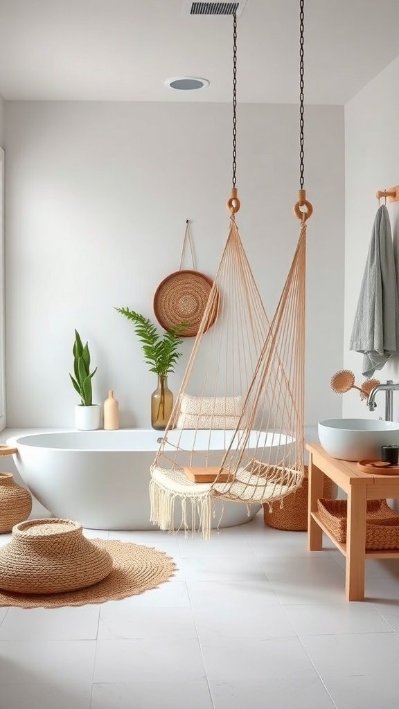A stylish bathroom featuring a hammock or hanging chair, with natural decor elements.
