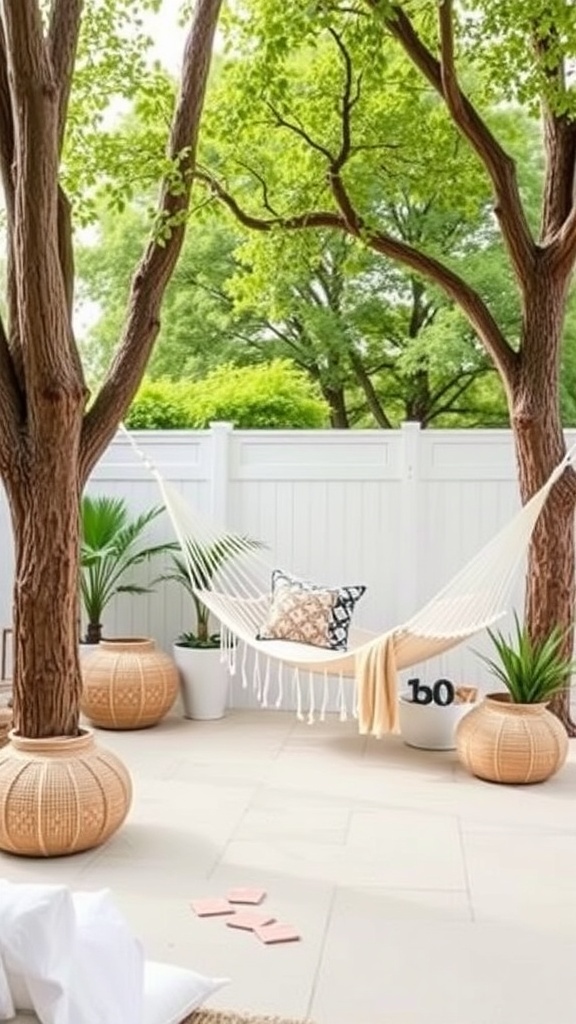 A cozy hammock set between two trees in a minimalist patio with decorative poufs and greenery.