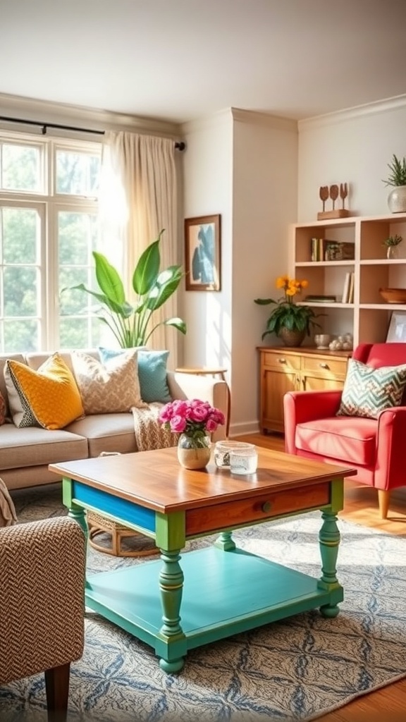 A colorful hand-painted accent table in a cozy living room setting.
