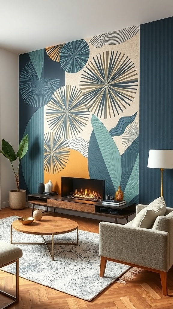 A stylish living room featuring a hand-painted accent wall with bold patterns in blue and earthy tones.