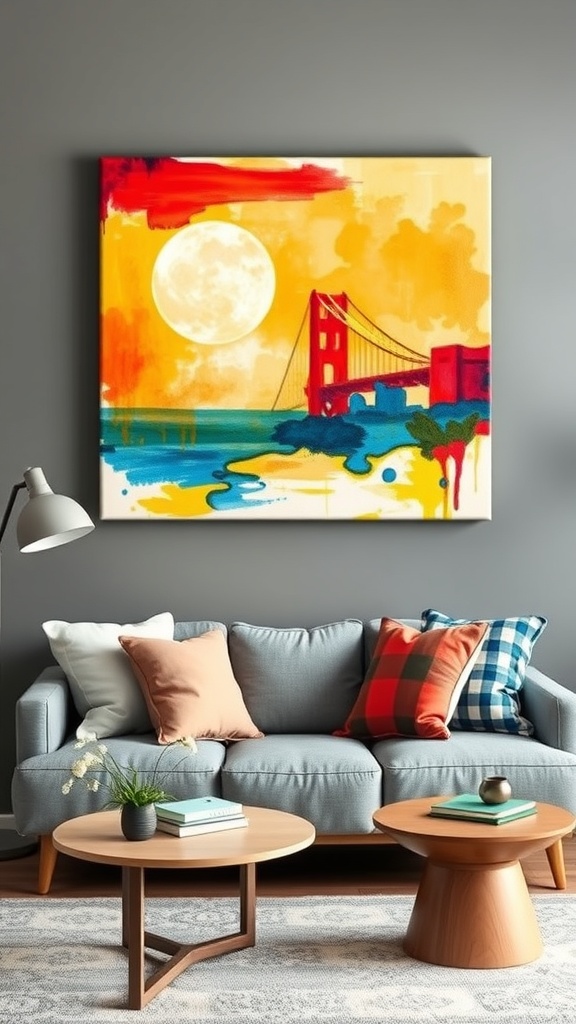 A vibrant hand-painted canvas art piece featuring a sunset and a bridge, displayed above a cozy couch in a stylish living room.