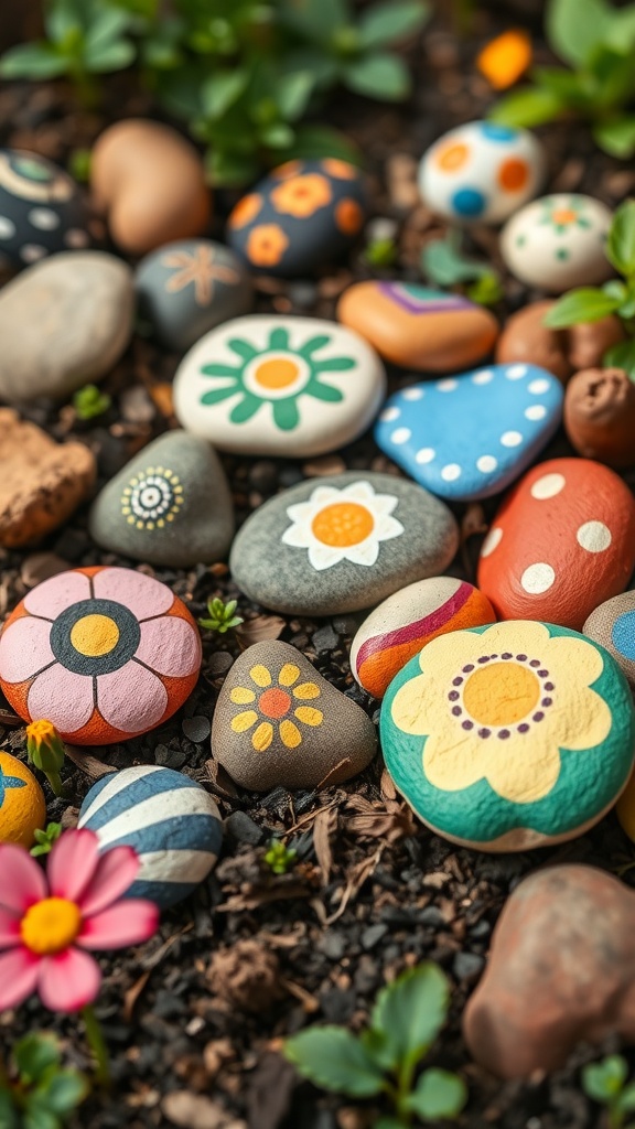 Colorful hand-painted garden stones arranged among plants
