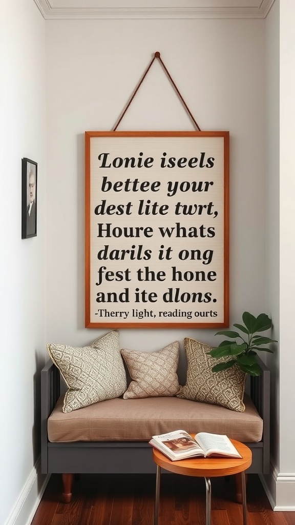 A cozy corner with a hand-painted quote board hanging on the wall, featuring a playful quote. The area includes a small seating arrangement with pillows and a plant.