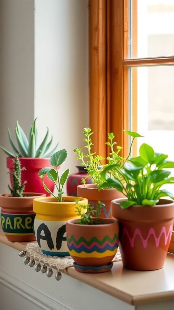 Colorful hand-painted terracotta pots with various plants on a windowsill.