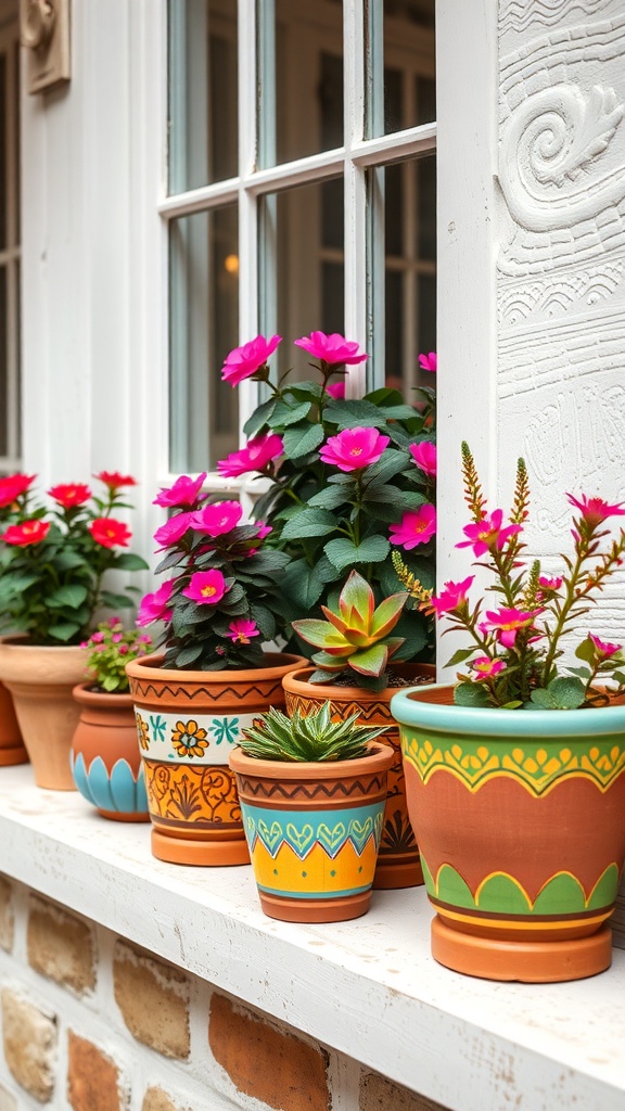 Colorful hand-painted terracotta pots with flowers on a windowsill.