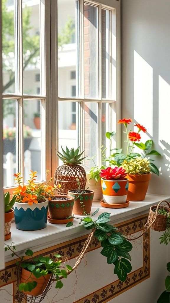 A collection of hand-painted terracotta pots filled with vibrant plants, arranged on a windowsill.