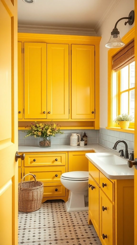 A bright bathroom featuring hand-painted yellow cabinets, a gray backsplash, and natural light.