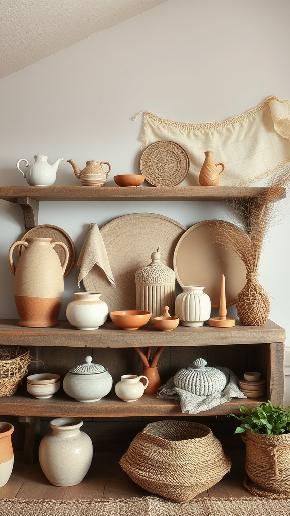A display of handcrafted pottery and woven accessories on wooden shelves.